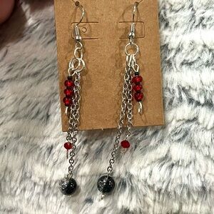 Elegant Silver and Red Beaded Dangle Silver Chain Earrings